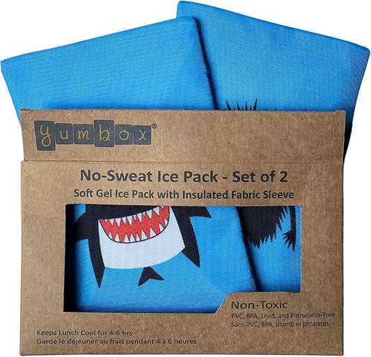 Yumbox Reusable Soft Ice Packs with Fabric Sleeve for Lunch Box and Cooler, Sweatproof, Pack of 2 Gel Ice Packs (Monster Shark)