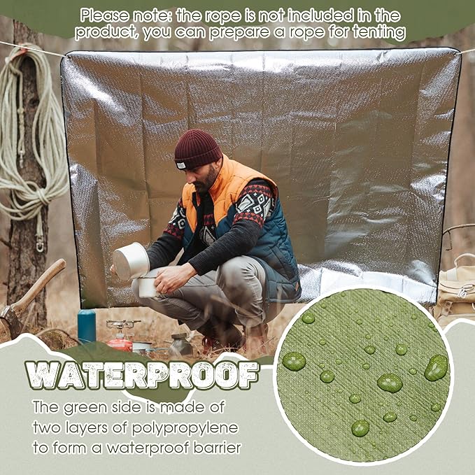 Kingdder 2 Pcs Heavy Duty Emergency Blanket for Survival Thermal Tarp Insulated Tent Camping Tarp Infrared Blocked Blankets for Rescue Camping Hiking (Green)