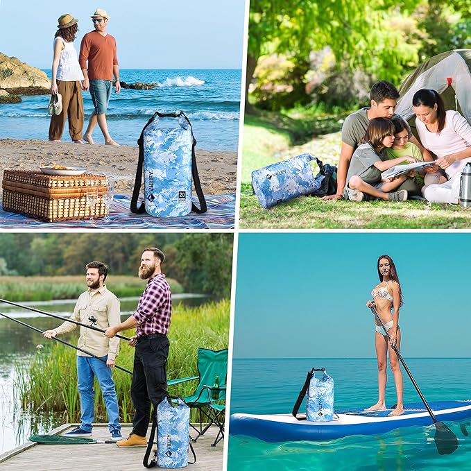 VILLEY Dry Bag Waterproof 10L Roll Top Sack Keeps Gear Dry Lightweight Dry Sack with Waterproof Phone Case for Kayaking Boating Camping Swimming and Beach Adventures Blue Camo