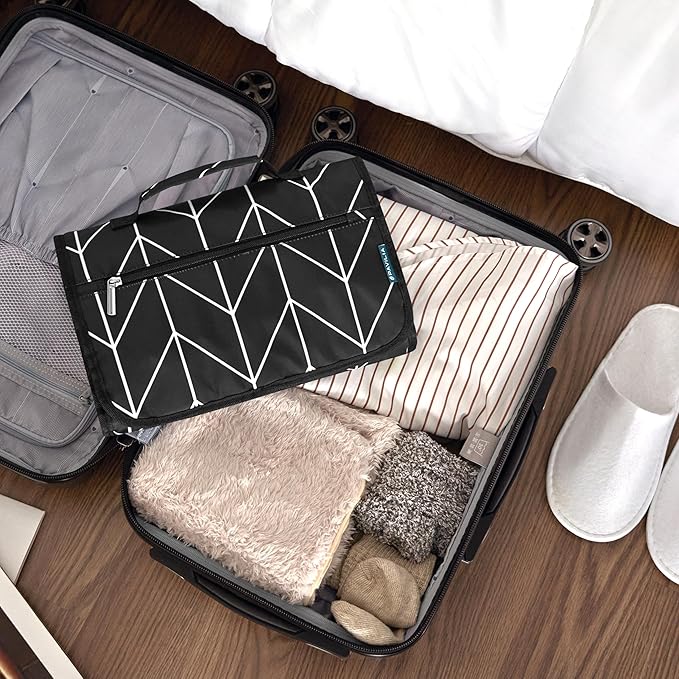 PAVILIA Hanging Toiletry Bag Women Men, Travel Kit Foldable Large Toiletries Organizer, Roll up Cosmetics Makeup Bag Accessories, Waterproof Essentials Jewelry Case (Black Chevron)