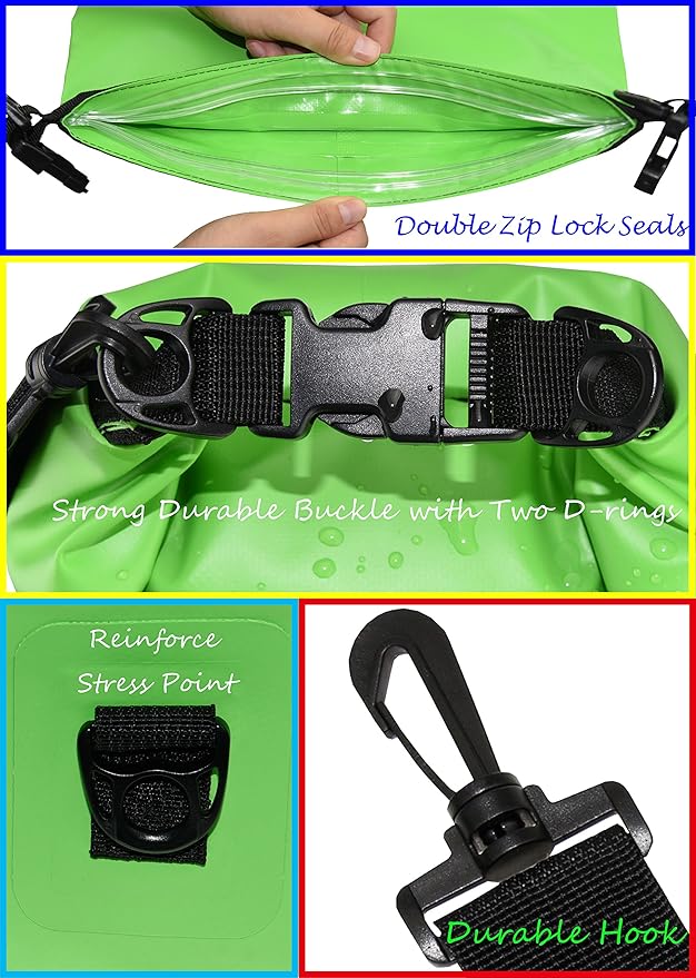 Waterproof Dry Bags Set of 3 Dry Bag with 2 Zip Lock Seals & Detachable Shoulder Strap, Waist Pouch & Phone Case - Can Be Submerged Into Water - for Swimming (Green, 10L)
