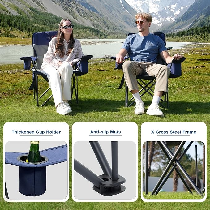 Oversized Folding Camping Chair, Heavy Duty Support 500LBS Outdoor Chair with Cup Holder Storage and Cooler Pouch, Collapsible Padded Arm Chair for Sports Garden Beach Fishing, Blue