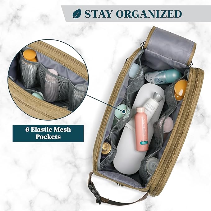 PAVILIA Toiletry Bag for Men, Canvas Travel Dopp Kit, Water Resistant Hygiene Bag Toiletries Organizer, Shaving Kit Travel Accessories Bag, Tan Khaki, Extra Large