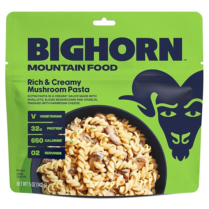 BIGHORN Mountain Food Vegetarian Creamy Mushroom Pasta - contains 6 packs | 12 servings | 192g Protein | 3,900 Calories - premium freeze dried meals for backpacking food - vegetarian backpacking meals - ideal camping meals just add water - great taste