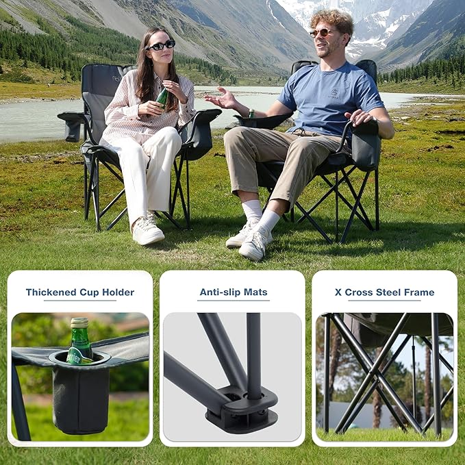Oversized Folding Camping Chair, Heavy Duty Support 500LBS Outdoor Chair with Cup Holder Storage and Cooler Pouch, Collapsible Padded Arm Chair for Sports Garden Beach Fishing, Grey