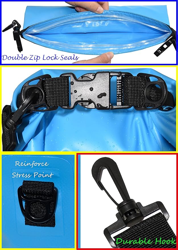 Waterproof Dry Bags Set of 3 Dry Bag with 2 Zip Lock Seals & Detachable Shoulder Strap, Waist Pouch & Phone Case - Can Be Submerged Into Water - for Swimming (Sky Blue, 5L)