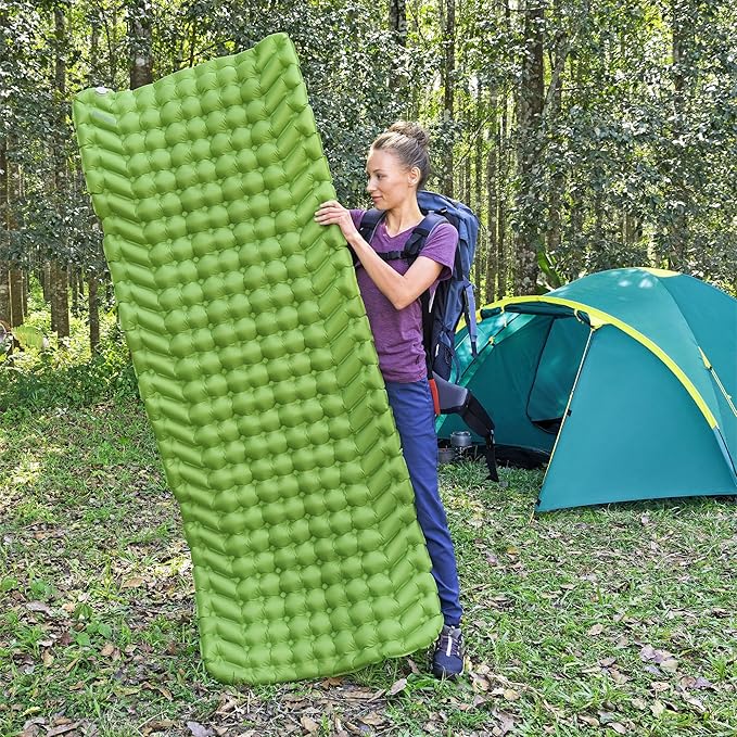 Bestway WanderLite 78 Inch by 28 Inch Large Rectangular Nylon Fabric Outdoor Sleeping Air Pad with Repair Patch and Storage Bag, Green
