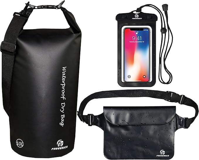 Waterproof Dry Bags Set Of 3 Dry Bag With 2 Zip Lock Seals & Detachable Shoulder Strap, Waist Pouch & Phone Case - Can Be Submerged Into Water - For Swimming (Black, 10L)