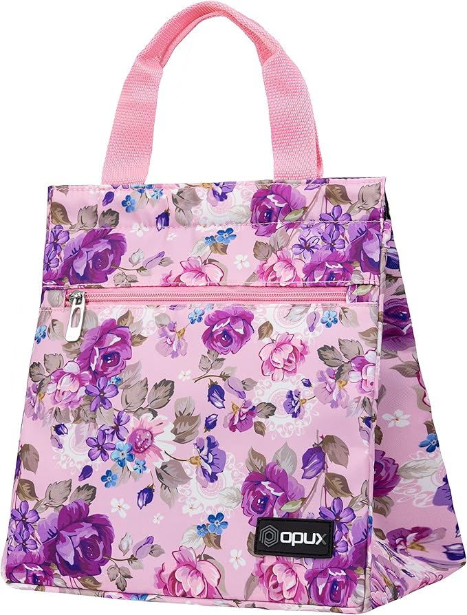opux Lunch Bag for Women, Insulated Lunch Box Tote for Girls Kids Adult School Work, Reusable Womens Lunch Tote for Office Travel, Cute Small Lunch Tote, Fits 12 Cans - Pink Floral Purple