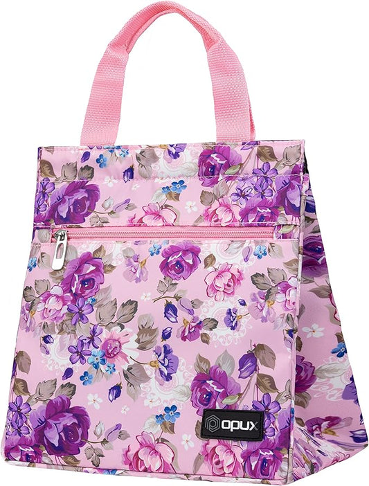 opux Lunch Bag for Women, Insulated Lunch Box Tote for Girls Kids Adult School Work, Reusable Womens Lunch Tote for Office Travel, Cute Small Lunch Tote, Fits 12 Cans - Pink Floral Purple