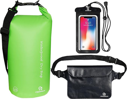 Waterproof Dry Bags Set Of 3 Dry Bag With 2 Zip Lock Seals & Detachable Shoulder Strap, Waist Pouch & Phone Case - Can Be Submerged Into Water - For Swimming (Green, 5L)