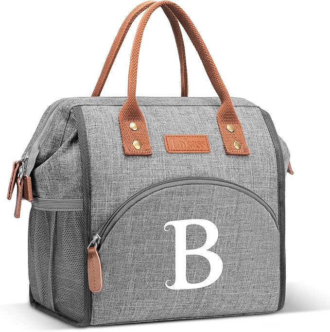 Initial Lunch Bag Women Insulated Lunch Box Wide-Open Lunch Tote Bag Large Drinks Holder Durable Nylon Thermal Snacks Organizer for Work, Travel, Picnic Personalized Gifts for Women/Teacher