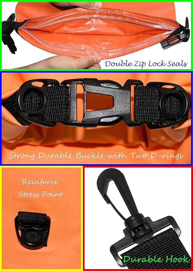 Waterproof Dry Bags Set Of 3 - Dry Bag With 2 Zip Lock Seals, Waist Pouch & Phone Case - Can Be Submerged Into Water For Swimming, Kayak, Rafting & Boating (Without Window, Orange, 20L)