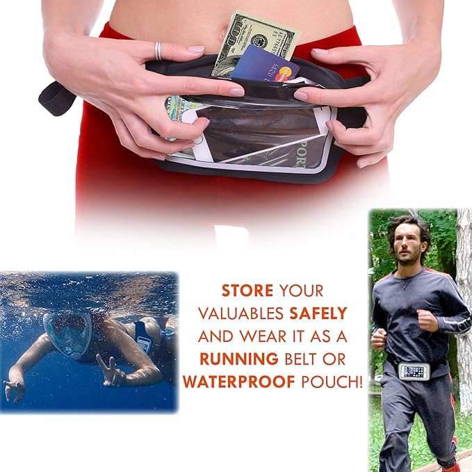 Ultimate Black Waterproof Running & Swimming Belt - Essentials Holder for Gym, Beach, Kayaking, Ski - Fits iPhone, Samsung - Touchscreen IPX8 Dry Waist Bag Pouch - Adventure-Ready Performance