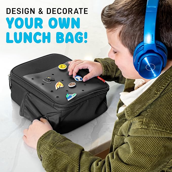 Fit & Fresh Lunch Box For Kids, Boys & Girls, School, Camp, Insulated Bag With Shoe Charm Slots For Personalization, Black