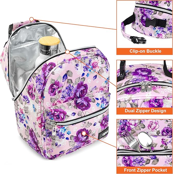 opux Lunch Box for Girls Boys Kids, Insulated Leakproof Lunch Bag, Reusable Teen Lunch Boxes for School, Medium Large lunchbox for Women Men Adult for Work with Front Back Pocket (Floral Purple)