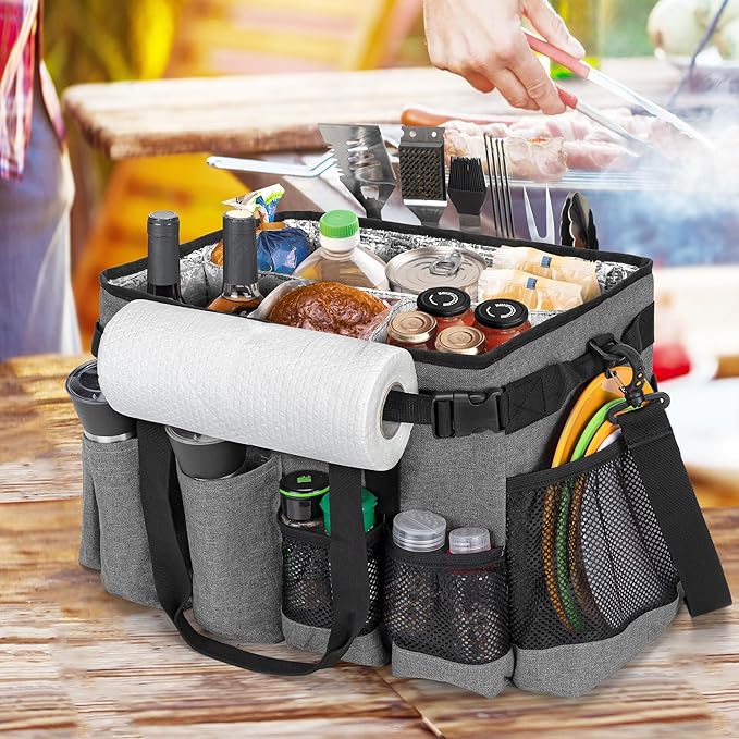Large Grill Utensil Caddy with Paper Towel Holder, Outdoor Picnic Bag Organizer for BBQ Supplies Tool, Tailgating Accessory Basket Camping Gear Must Haves for Cook Essentials, Gray, Bag Only