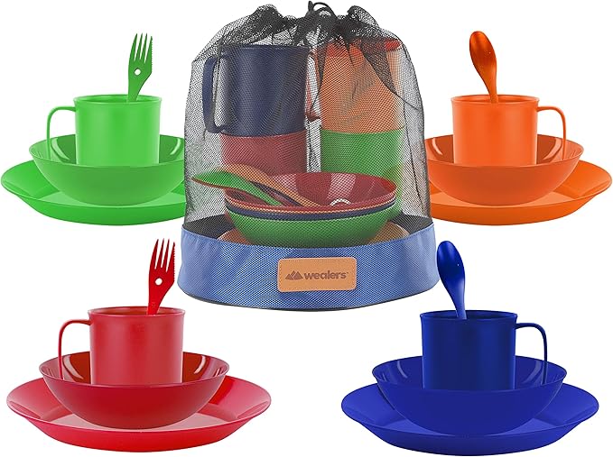 Camping Mess Kit, 16-Piece Dinnerware Set with Sporks, Plates, Bowls and Mugs, 4 Person Backpacking Lunch Gear with Mesh Travel Bag, 4 Colors, BPA Free Tableware