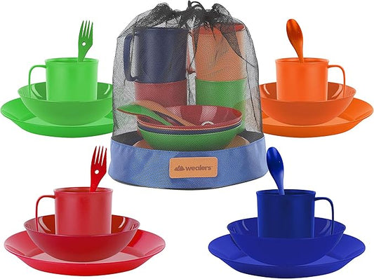 Camping Mess Kit, 16-Piece Dinnerware Set with Sporks, Plates, Bowls and Mugs, 4 Person Backpacking Lunch Gear with Mesh Travel Bag, 4 Colors, BPA Free Tableware