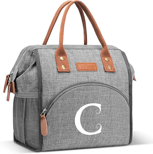 Initial Lunch Bag Women Insulated Lunch Box Wide-Open Lunch Tote Bag Large Drinks Holder Durable Nylon Thermal Snacks Organizer for Work, Travel, Picnic Personalized Gifts for Women/Teacher