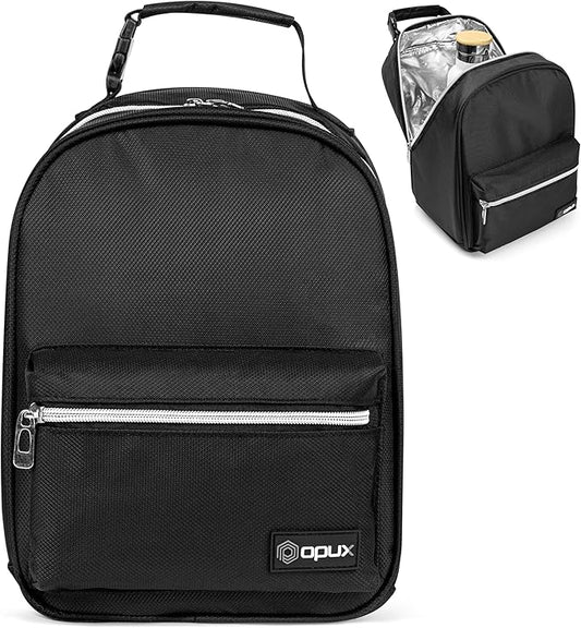 opux Lunch Box for Girls Boys Kids, Insulated Leakproof Lunch Bag, Reusable Teen Lunch Boxes for School, Medium Large lunchbox for Women Men Adult for Work with Front Back Pocket (Black)