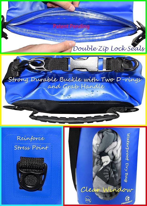 Waterproof Dry Bags Set of 3 Dry Bag with 2 Zip Lock Seals & Detachable Shoulder Strap, Waist Pouch & Phone Case - Can Be Submerged Into Water - for Swimming (Navy Blue, 10L)