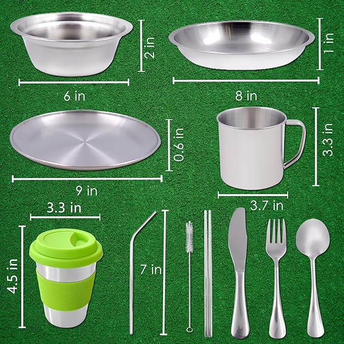 Camping Mess Kit Camping Plates Dishes Stainless Steel Camping Utensils Set Tableware Dinnerware with Bowls Cups Cutlery 1-2 Person for Backpacking, Hiking, Picnic, BBQ, RV Travel