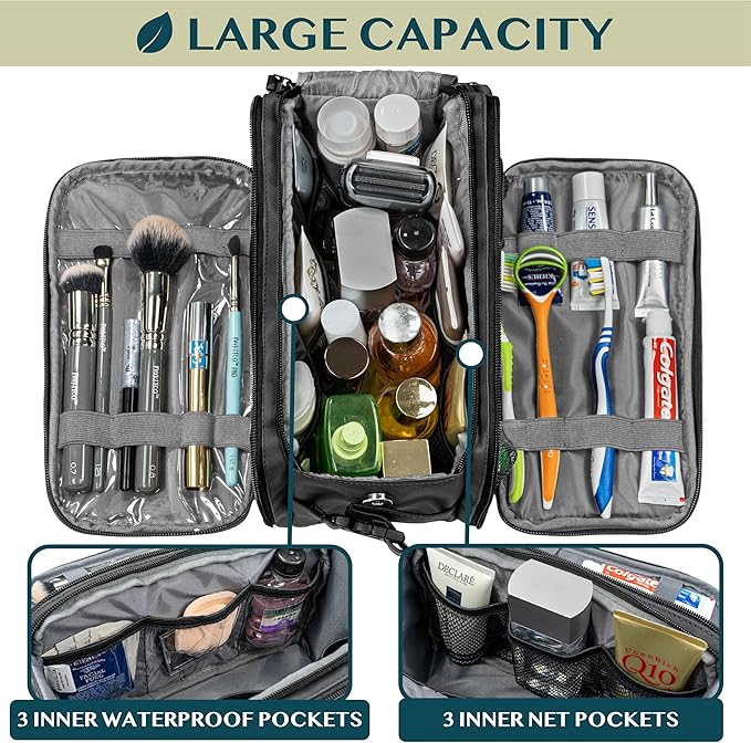 PAVILIA Toiletry Bag for Men Women, Mens Travel Bag Toiletries Organizer Case for Grooming, Travel Essentials Shaving Dopp Kit, PU Leather Water Resistant Cosmetic Pouch, Black