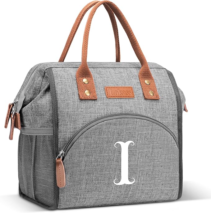 Initial Lunch Bag Women Insulated Lunch Box Wide-Open Lunch Tote Bag Large Drinks Holder Durable Nylon Thermal Snacks Organizer for Work, Travel, Picnic Personalized Gifts for Women/Teacher