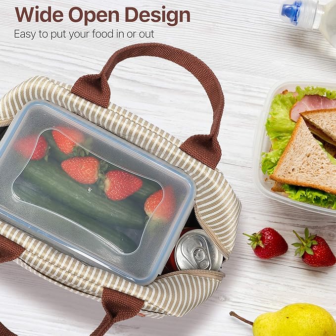 Bagseri Insulated Lunch Bag Women - Lunch Bag for Women Men Reusable Lunch Box Leakproof Thermal Cooler Sack Food Handbags Case High Capacity for Work and Picnic (Khaki White Stripe)