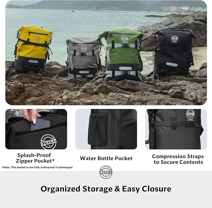 STOVER 5/10/25/30/40/55L Waterproof Dry Backpack- Large Floating Dry Bag for Kayaking, Travel, Tubing, Hiking, Fishing, Camping, Motorcycles & the Beach, Heavy-Duty Roll Top Men/Women (Black)