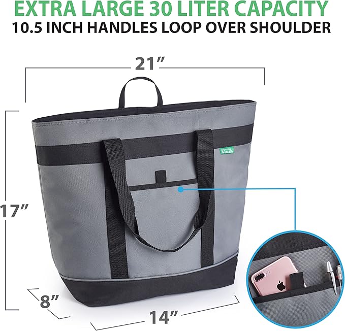 Jumbo Insulated Cooler Bag (Gray) with HD Thermal Insulation - Premium, Collapsible Soft Cooler Makes a Perfect Insulated Grocery Bag, Food Delivery Bag, Travel Insulated Bag, or Beach Cooler Bags