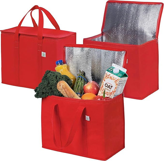 VENO 3 Pack Cooler Bag and Insulated Grocery Bags for Food Delivery, Collapsible Cooler, Reusable Shopping Bags for Groceries with zipper, Foldable, Heavy-Duty, Stands Upright (Red, 3 Pack)