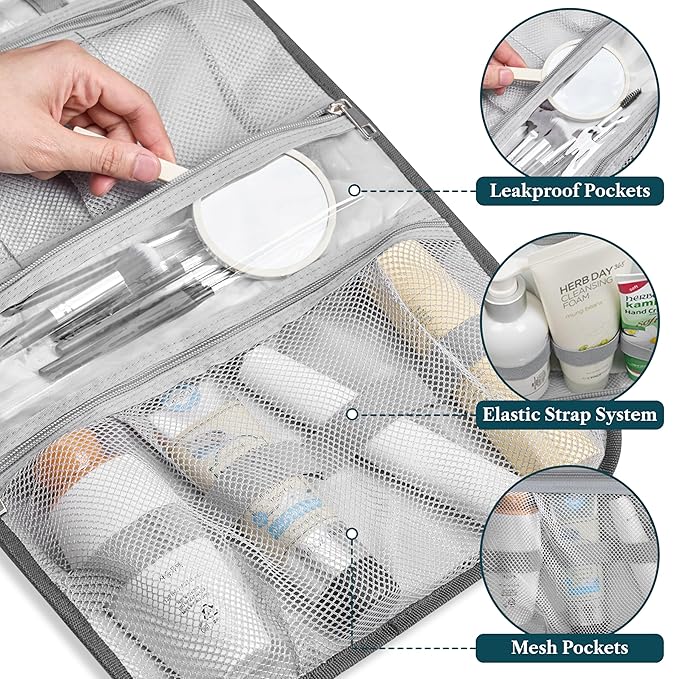 PAVILIA Hanging Toiletry Bag Women Men, Travel Kit Foldable Large Toiletries Organizer, Roll up Cosmetics Makeup Bag Accessories, Waterproof Essentials Jewelry Case (Floral Grey)