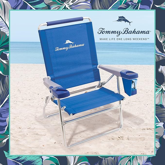 Tommy Bahama Set of 2 Highboy 4 Position Beach Chairs 15 Inch Seat Height with Cupholder, Side Storage Pouch and Mobile Phone Holder