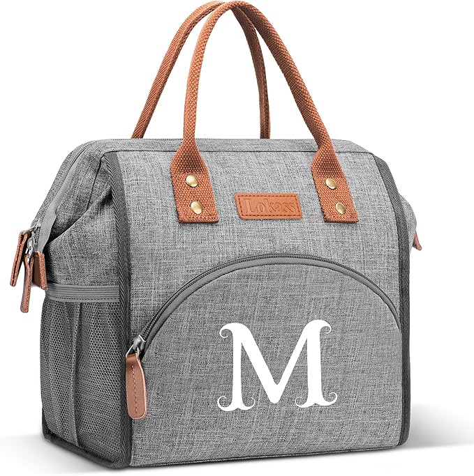 Initial Lunch Bag Women Insulated Lunch Box Wide-Open Lunch Tote Bag Large Drinks Holder Durable Nylon Thermal Snacks Organizer for Work, Travel, Picnic Personalized Gifts for Women/Teacher