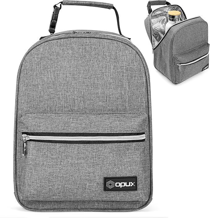 opux Lunch Box for Girls Boys Kids, Insulated Leakproof Lunch Bag, Reusable Teen Lunch Boxes for School, Medium Large lunchbox for Women Men Adult for Work with Front Back Pocket (Gray)