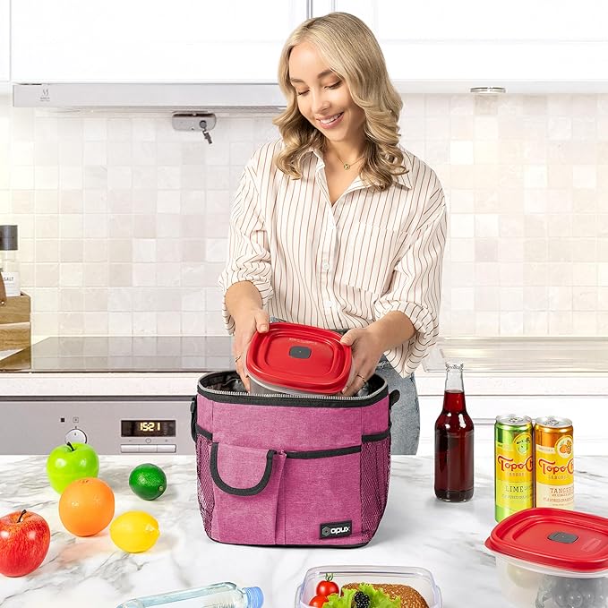 opux Insulated Lunch Bag for Men Women, Leakproof Heather Pink Lunch Box for Work, Portable Soft Lunch Cooler Bag with Shoulder Strap, Adult Lunchbox Lunch Pail for Kid Boy Girl School, 18 Can/10L