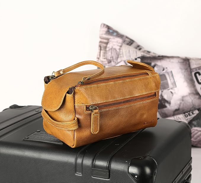 KomalC Premium Buffalo Leather Unisex Toiletry Bag Travel Dopp Kit