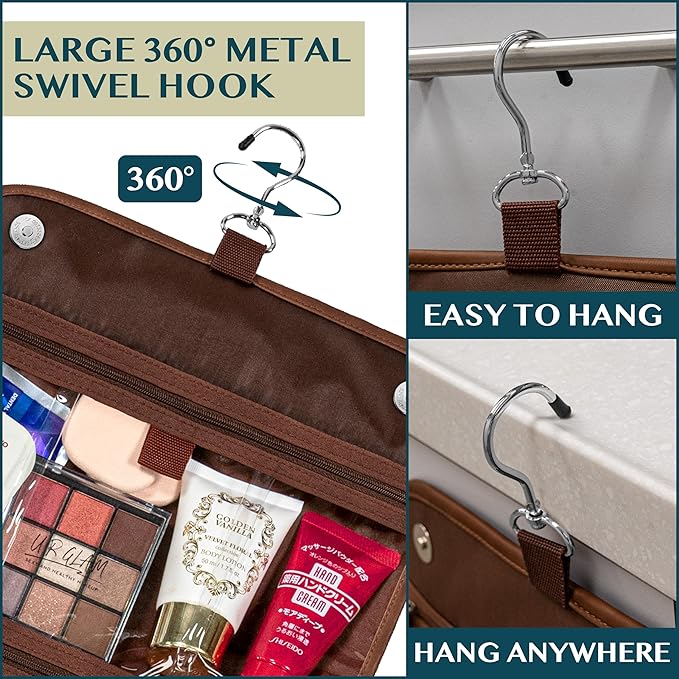 PAVILIA Hanging Toiletry Bag Women Men, Foldable Cosmetic Organizer Travel Bag, Water Resistant Makeup Bag Toiletries, Large Travel Essentials Kit (Dark Brown)