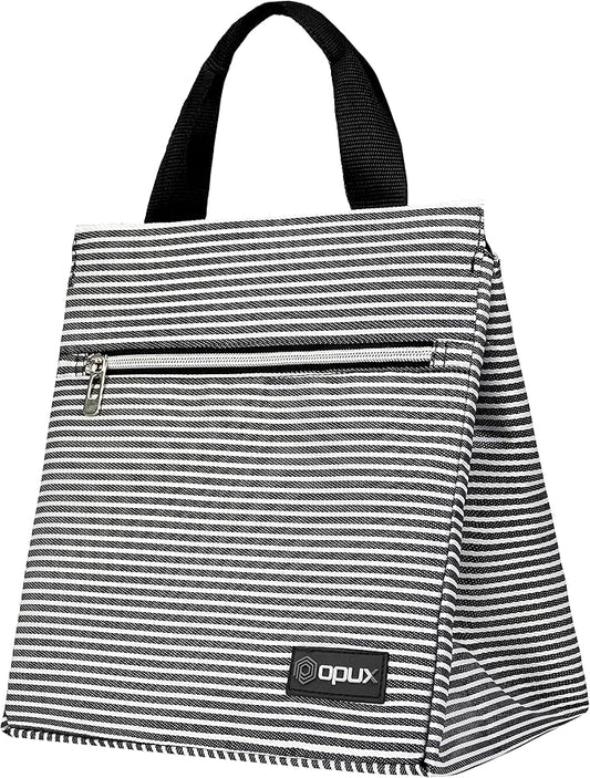 opux Lunch Bag for Women, Insulated Lunch Box Tote for Girls Kids Adult School Work, Reusable Womens Lunch Tote for Office Travel, Cute Small Lunch Tote, Fits 12 Cans - Stripe Black