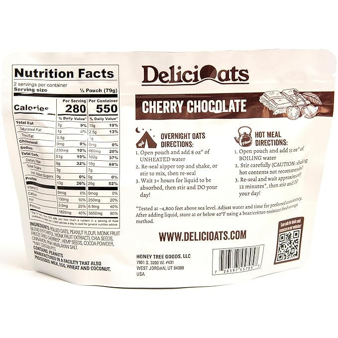 DeliciOats Overnight Oats | Dairy Free, Soy Free, Gluten Free Oatmeal for Backpacking, Camping, Emergency Food, and Everyday Breakfast (Pack of 1, Cherry Chocolate)