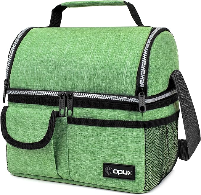 opux Lunch Box for Men, Adult Lunch Box Cooler, Insulated Lunch Bag Women, Dual Compartment Lunchbox for Work, Leakproof Double Decker Lunch Bag, Soft Lunch Pail Tote Boys Girls Kids School, Green