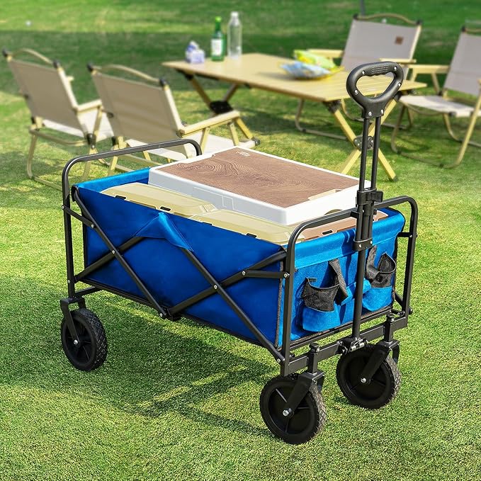 Sweetcrispy Foldable Wagon Cart, Collapsible Large Capacity Garden Cart with Wheels, Heavy Duty Utility Grocery Wagon with Drink Holders for Shopping Sports Camping