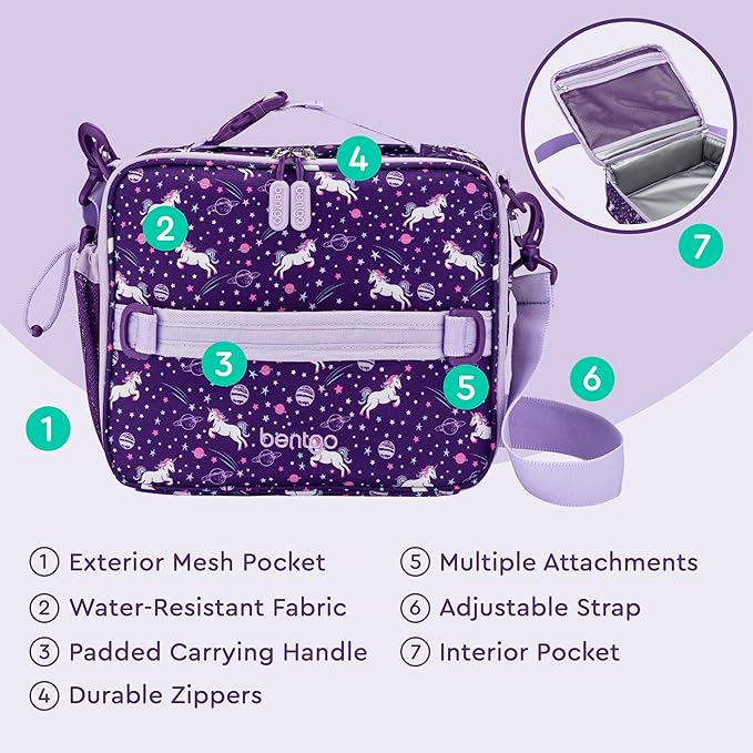 Bentgo Kids Lunch Bag - Durable, Double-Insulated Lunch Bag for Kids 3+; Holds Lunch Box, Water Bottle, & Snacks; Easy-Clean Water-Resistant Fabric & Multiple Zippered Pockets (Unicorn)