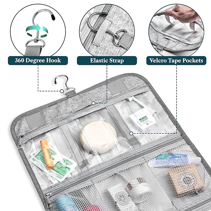 PAVILIA Hanging Toiletry Bag Women Men, Travel Kit Foldable Large Toiletries Organizer, Roll up Cosmetics Makeup Bag Accessories, Waterproof Essentials Jewelry Case (Heather Grey)