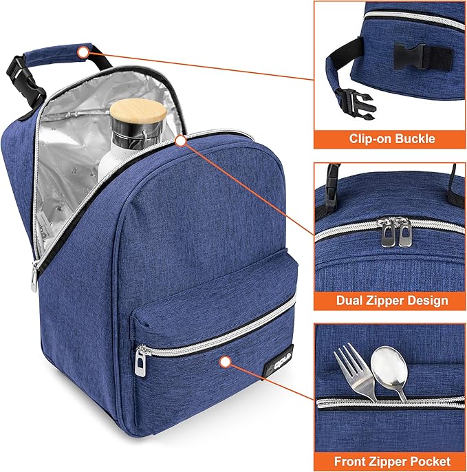 opux Lunch Box for Girls Boys Kids, Insulated Leakproof Lunch Bag, Reusable Teen Lunch Boxes for School, Medium Large lunchbox for Women Men Adult for Work with Front Back Pocket (Navy Blue)