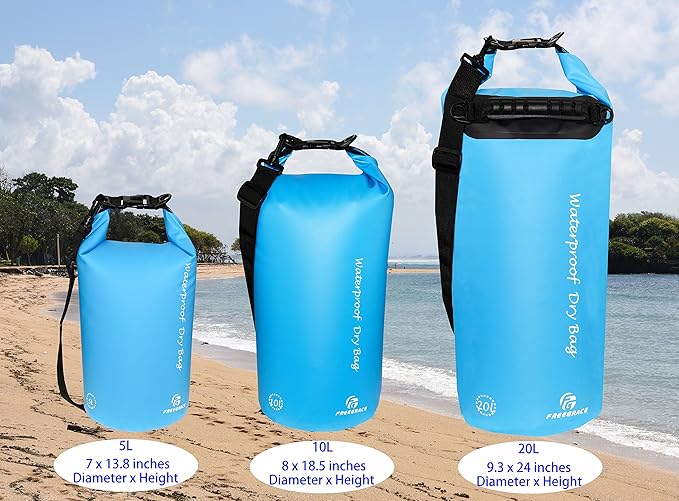 Waterproof Dry Bags Set of 3 Dry Bag with 2 Zip Lock Seals & Detachable Shoulder Strap, Waist Pouch & Phone Case - Can Be Submerged Into Water - for Swimming (Sky Blue, 10L)