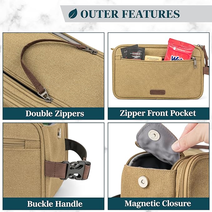 PAVILIA Toiletry Bag for Men, Canvas Travel Dopp Kit, Water Resistant Hygiene Bag Toiletries Organizer, Shaving Kit Travel Accessories Bag, Tan Khaki