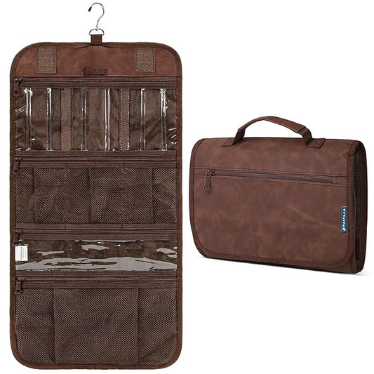 PAVILIA Hanging Toiletry Bag Men Women, Travel Kit Foldable Large Toiletries Organizer, Roll up Cosmetics Makeup Bag Accessories, Waterproof Essentials Dopp Case (Brown)